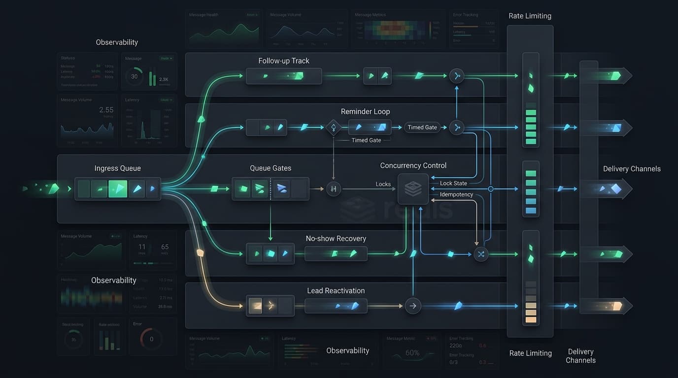 backend workflow engine controlling lifecycle messaging through a structured network of message lanes, queues, routing nodes, timed gates, cache and control points, and tracking layers