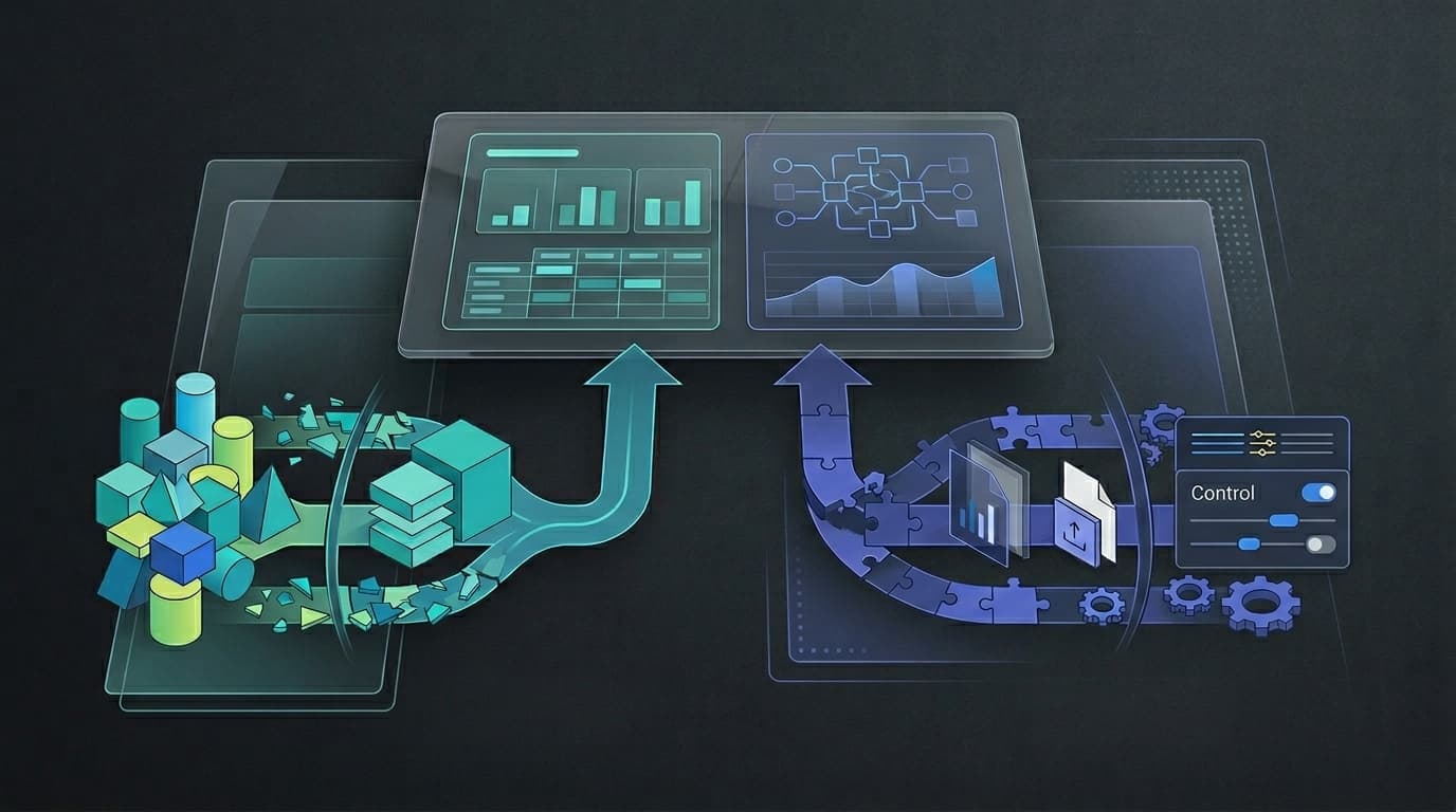 Two distinct sources of financial information converging into one clean unified reporting dashboard preserving visible separation between sources